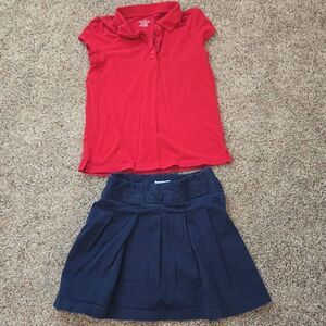 Girls Red Shortsleeve Polo Dress Shirt, Navy Blue Uniform Skirt